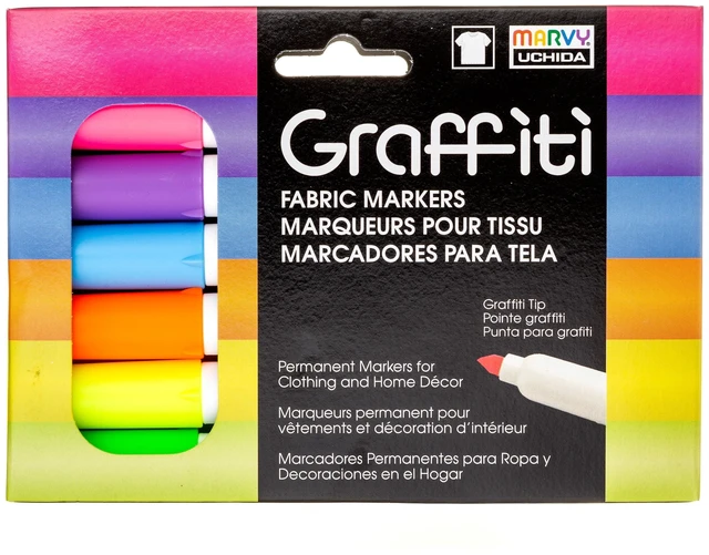Main image of Marvy Uchida Neon Graffiti 6-Piece Permanent Fabric Marker Set, Vibrant Colors