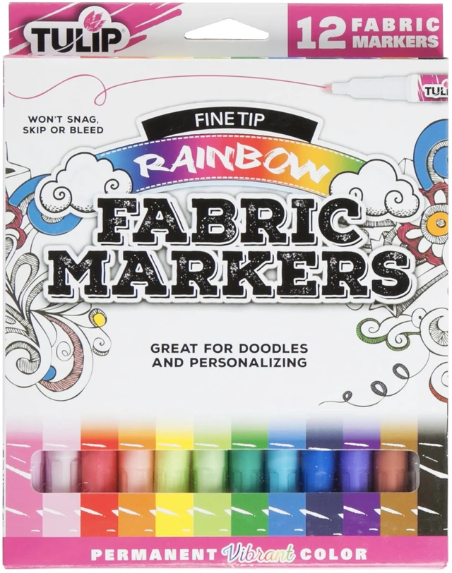 Main image of Tulip Fine Tip Fabric Markers 12-Pack - Rainbow Color Set for DIY Crafts, Clothing and Fabric Art