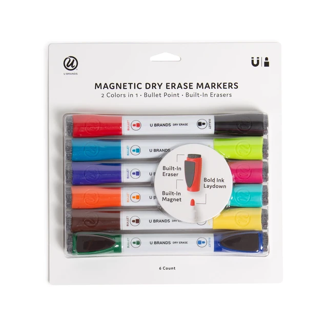 Main image of U Brands Double-Ended Magnetic Dry Erase Markers, Bullet Tip, 6 Count, Assorted Colors