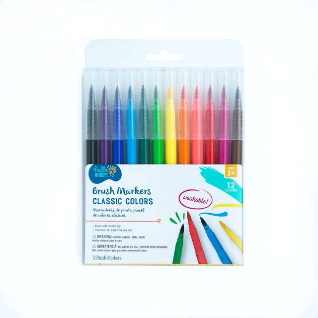 Main image of Hello Hobby Brush Markers, Bullet Tip, Washable Ink, Assorted Classic Colors, 12 Pieces