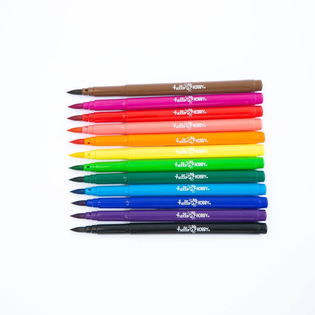 Alt view image 3 of 3 - Hello Hobby Brush Markers, Bullet Tip, Washable Ink, Assorted Classic Colors, 12 Pieces