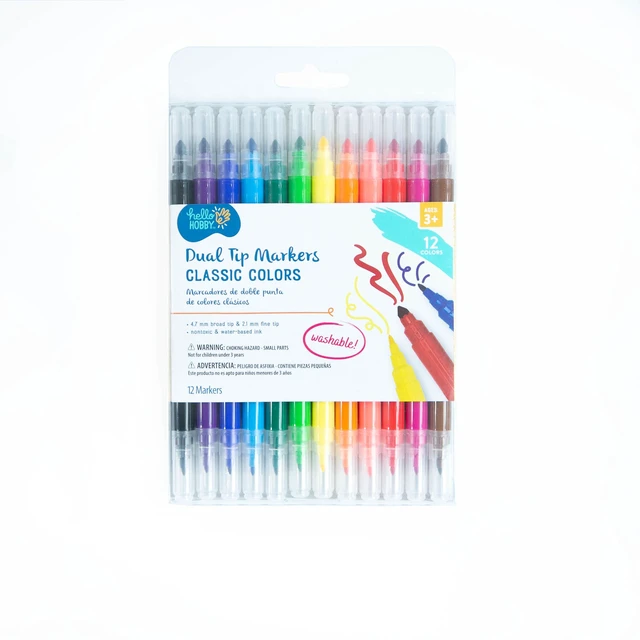 Main image of Hello Hobby Dual Tip Markers, Brush and Fine Tips, Washable, Assorted Classic Colors, 12 Count