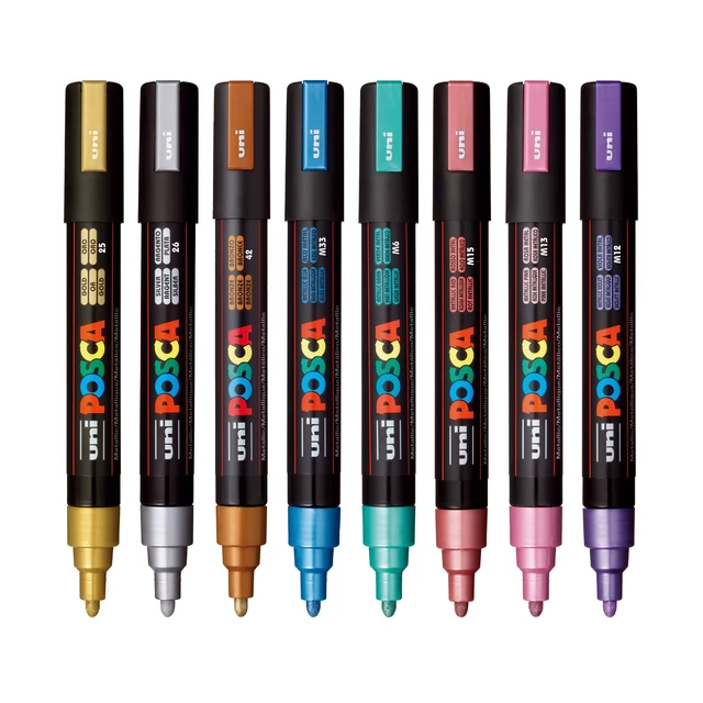 Alt view image 5 of 6 - Uni POSCA PC-5M Metallic Paint Markers, 8 Shimmer Colors, Reversible Medium Tip (1.8-2.5mm), Acrylic Paint Pens for Artists