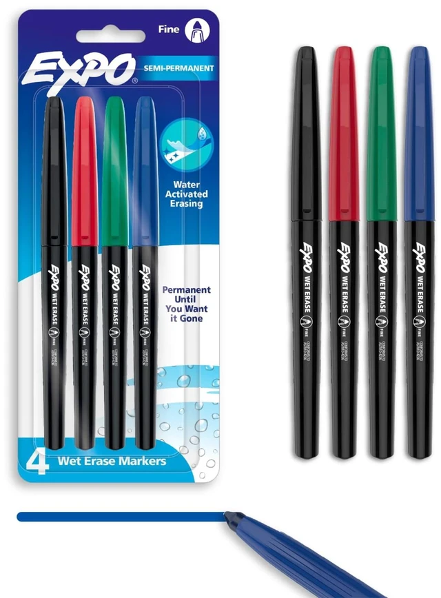 Main image of EXPO Wet Erase Markers, Semi-Permanent, Fine Tip, Assorted, 4 Count