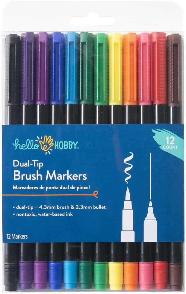 Main image of Hello Hobby Dual-Tip Brush Markers & Fineliners, 12 Count, Assorted Classic and Primary Colors
