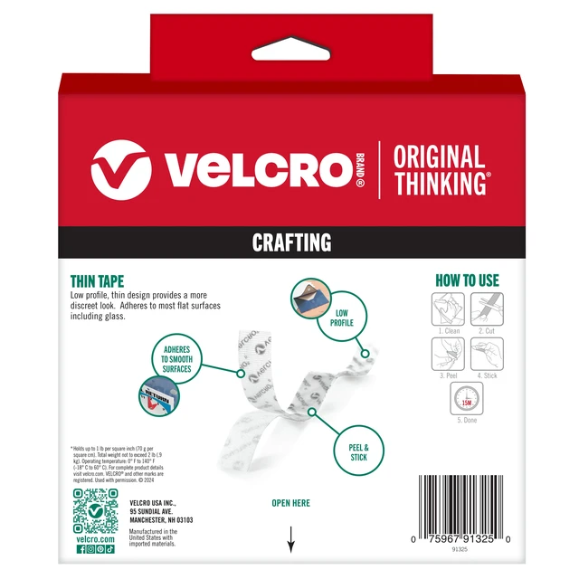Alt view image 2 of 6 - VELCRO Brand 91325 Thin General Purpose Tape, 15ft x 3/4in, Cut Strips to Length, Large Roll for Home Office or Crafts