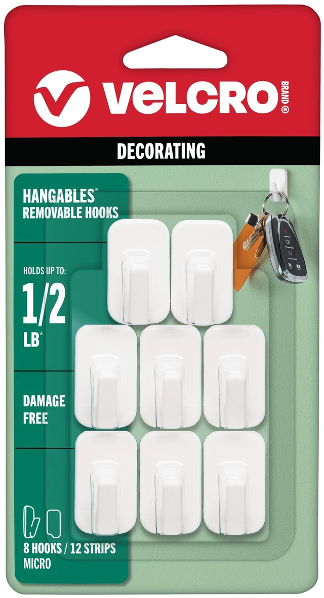 Main image of VELCRO Brand HANGables Micro Removable Hooks, Holds 1/2 lb, White, 8-Pack, Damage-Free Wall Fasteners