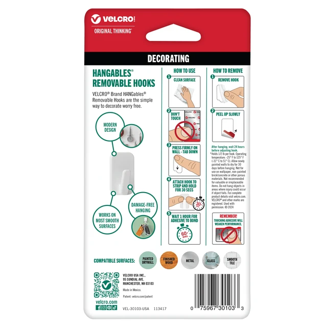 Alt view image 3 of 6 - VELCRO Brand HANGables Micro Removable Hooks, Holds 1/2 lb, White, 8-Pack, Damage-Free Wall Fasteners