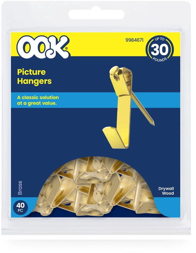 Main image of Ook Picture Hangers 30lbs Steel Picture Hooks, Brass, Gold, 40 Pack