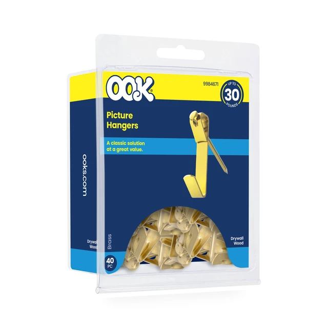 Alt view image 4 of 6 - Ook Picture Hangers 30lbs Steel Picture Hooks, Brass, Gold, 40 Pack