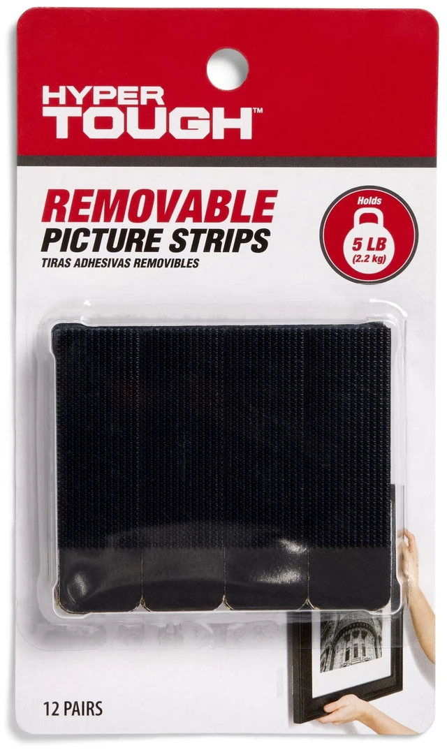 Main image of Hyper Tough Large Removable Adhesive Strips, 5lbs Capacity, for Hanging Small Pictures, Black, 12 Pairs