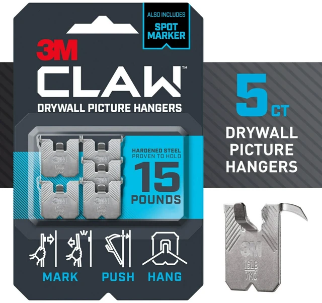 Main image of 3M CLAW 15lb Drywall Picture Hanger with Spot Marker, Gray, 5 Wall Hangers and 5 Spot Markers
