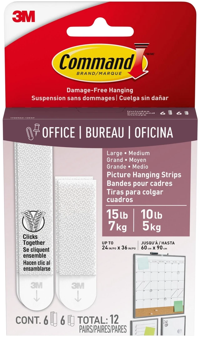 Main image of Command Medium and Large Picture Hangers, Holds 10lbs & 15lbs, White, 6 Medium + 6 Pairs Large Adhesive Strips