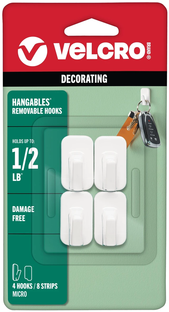 Main image of VELCRO Brand HANGables Removable Hook Micro, Holds 1/2 lb, White, 4-Pack