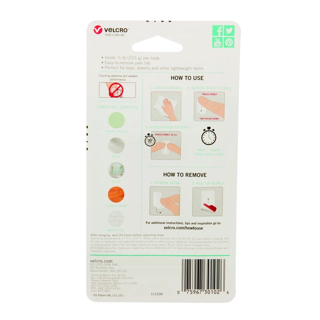 Alt view image 3 of 6 - VELCRO Brand HANGables Removable Hook Micro, Holds 1/2 lb, White, 4-Pack