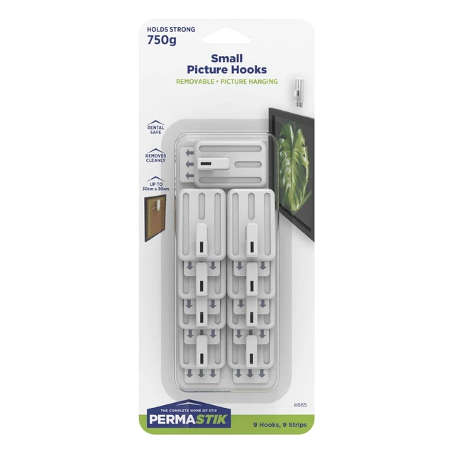 Main image of Permastik Small Adhesive Picture Hooks, Rental Safe, 9 Pack, Holds up to 1.65 lbs