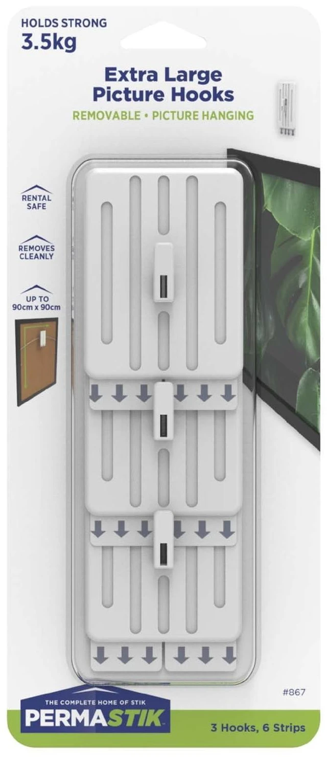 Main image of Permastik Extra Large Adhesive Picture Hooks, Rental Safe, Holds up to 7.7 lbs (3 Pack)