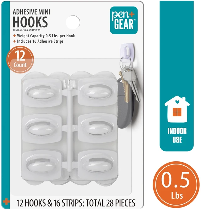 Main image of Pen+Gear Mini Wall Hooks, Heavy-Duty Plastic Adhesive, Damage Free, White, 12 Count
