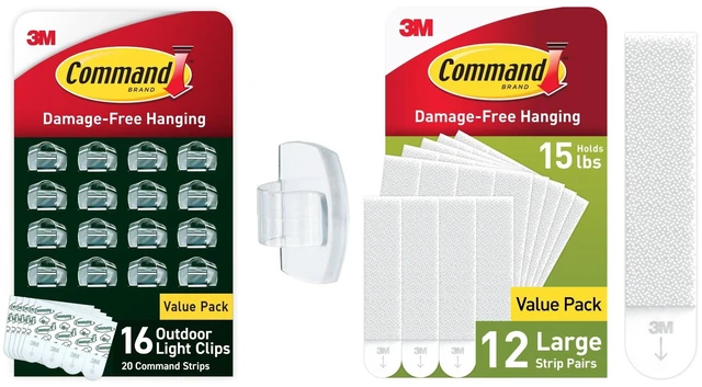 Main image of Command Outdoor Light Clips, Clear, 16 Clips and Command White Large Picture Hanging Strips, 12 Pairs