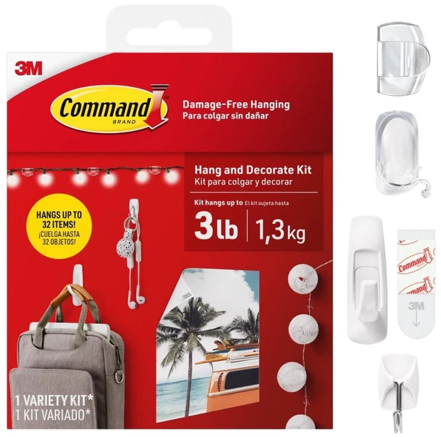 Main image of Command Hooks Hang and Decorating Kit, Damage Free Variety Pack, Holds 3lbs, White, Hangs 32 Items