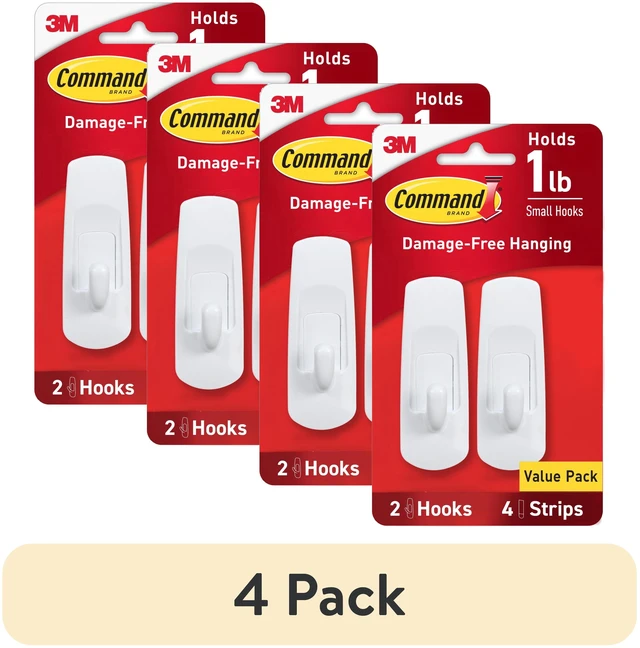 Main image of Command Small Utility Hooks, White, 4 Pack (2 Hooks + 4 Adhesive Strips), Damage Free Organizing