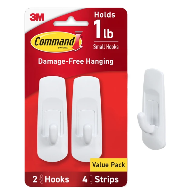 Alt view image 3 of 5 - Command Small Utility Hooks, White, 4 Pack (2 Hooks + 4 Adhesive Strips), Damage Free Organizing