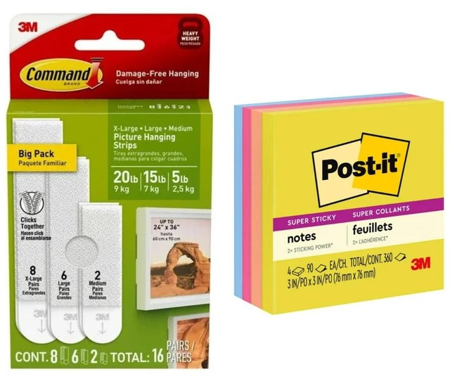 Main image of Command & Post-it Student Bundle: Picture Hangers Variety Pack 16 Pairs of Strips, Post-it Super Sticky Notes 3in x 3in Summer Joy Colors 4 Pads