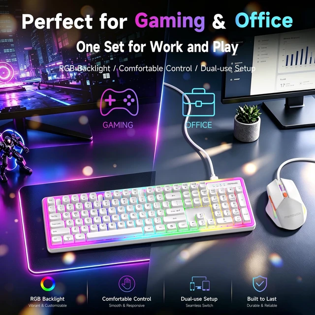 Alt view image 5 of 7 - Wired RGB Keyboard and Mouse Combo, Full-Size Keyboard with Number Pad and 6400 DPI LED Mouse, 2.4G Plug and Play Keyboard Mouse Set for PC, Laptop, Mac, Office & Gaming, White