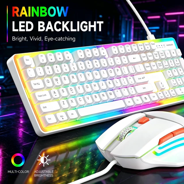 Alt view image 6 of 7 - Wired RGB Keyboard and Mouse Combo, Full-Size Keyboard with Number Pad and 6400 DPI LED Mouse, 2.4G Plug and Play Keyboard Mouse Set for PC, Laptop, Mac, Office & Gaming, White