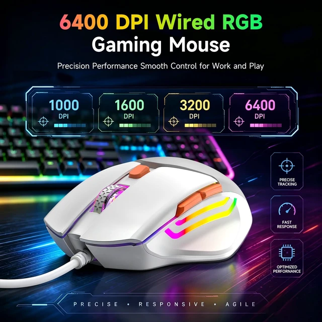 Alt view image 3 of 7 - Wired RGB Keyboard and Mouse Combo, Full-Size Keyboard with Number Pad and 6400 DPI LED Mouse, 2.4G Plug and Play Keyboard Mouse Set for PC, Laptop, Mac, Office & Gaming, White