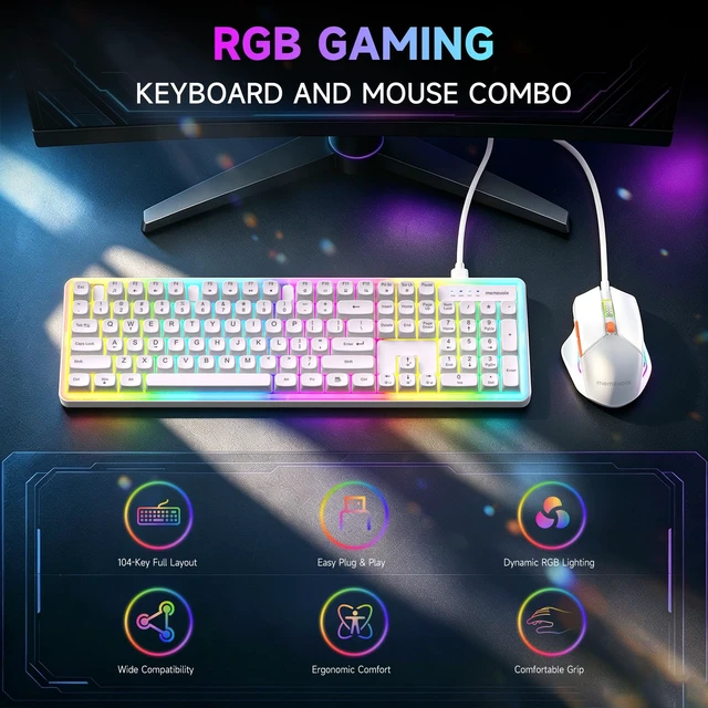 Alt view image 7 of 7 - Wired RGB Keyboard and Mouse Combo, Full-Size Keyboard with Number Pad and 6400 DPI LED Mouse, 2.4G Plug and Play Keyboard Mouse Set for PC, Laptop, Mac, Office & Gaming, White