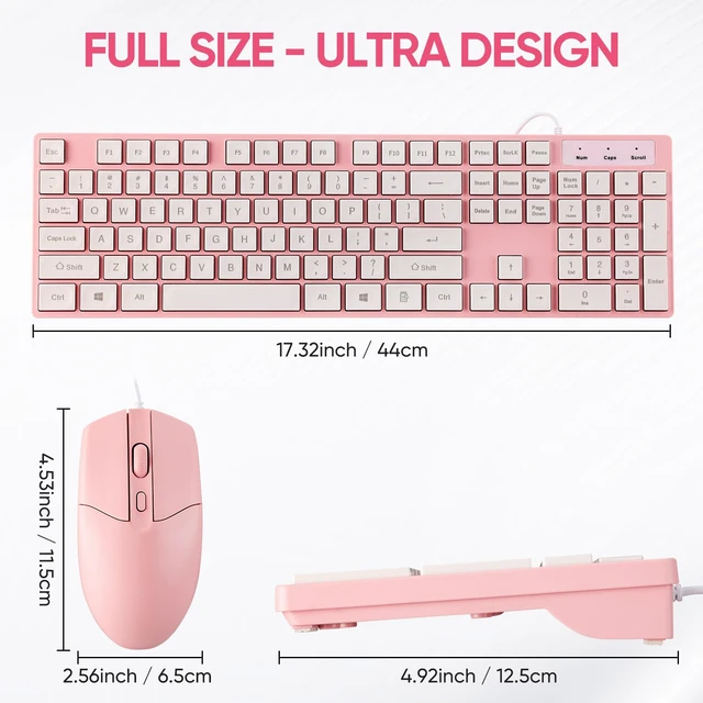 Alt view image 3 of 7 - Wired Keyboard and Mouse Combo, Full-Sized Ergonomic Computer Keyboard and Optical Wired Mouse for Windows, Mac OS Desktop/Laptop/PC-Pink