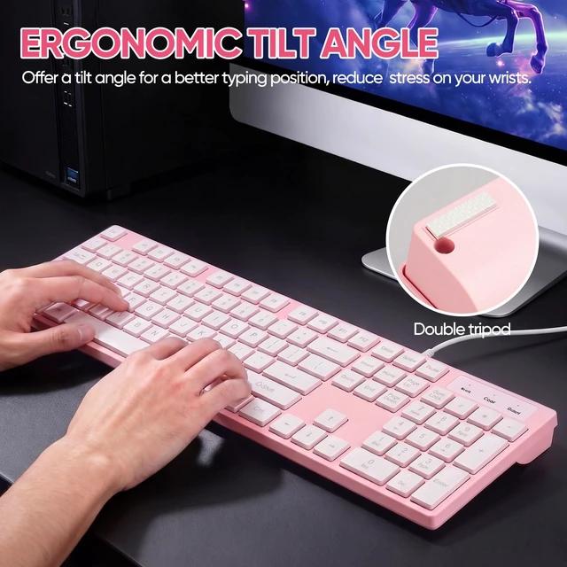Alt view image 4 of 7 - Wired Keyboard and Mouse Combo, Full-Sized Ergonomic Computer Keyboard and Optical Wired Mouse for Windows, Mac OS Desktop/Laptop/PC-Pink