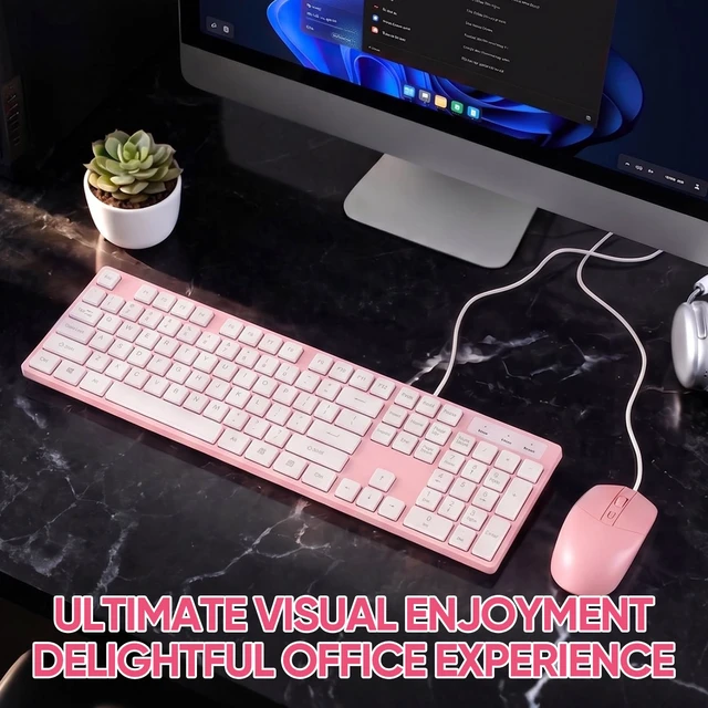 Alt view image 6 of 7 - Wired Keyboard and Mouse Combo, Full-Sized Ergonomic Computer Keyboard and Optical Wired Mouse for Windows, Mac OS Desktop/Laptop/PC-Pink