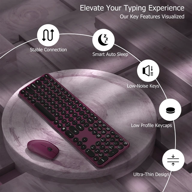 Alt view image 3 of 6 - Wireless Keyboard and Mouse Combo, 2.4GHz Wireless (Claret Black) | Low Profile Quiet Typing Design, Plug and Play, 110 Round Keys Full-Size Silent Keyboard Set for PC, Tablet, Laptop