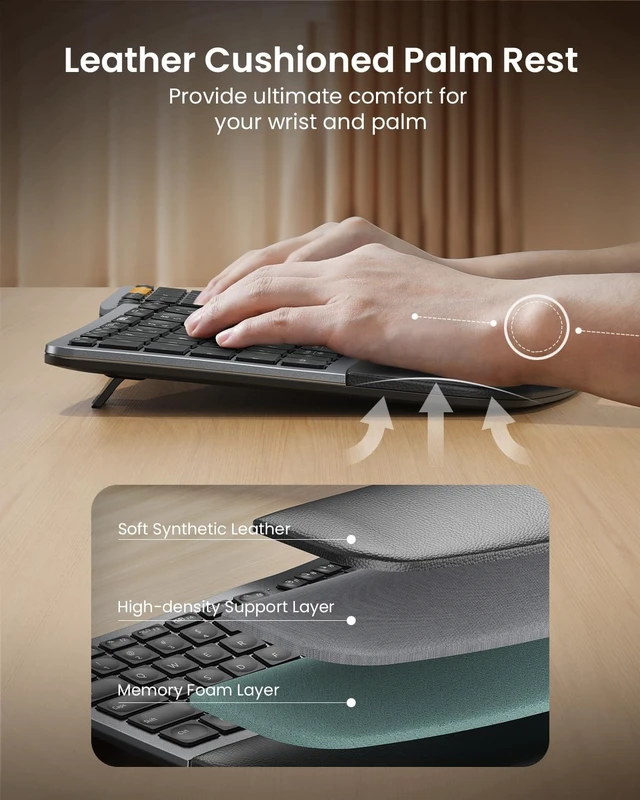 Alt view image 7 of 7 - EK01 Plus Backlit Bluetooth Ergonomic Keyboard, Full Size, Grey | Adjustable brightness, split design, cushioned wrist rest, connect 3 devices via Bluetooth/2.4G, 2000mAh USB-C rechargeable.
