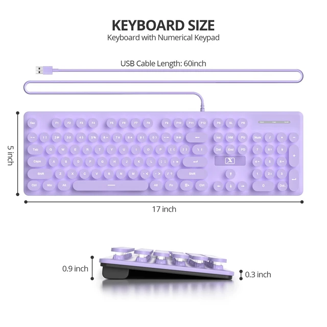 Alt view image 5 of 6 - Purple Quiet Keyboard Wired Retro Typewriter, Full Size Soft Keyboards with Number Pad, Round Keys, Backlit USB for Office, Desktop, Laptop(Purple)