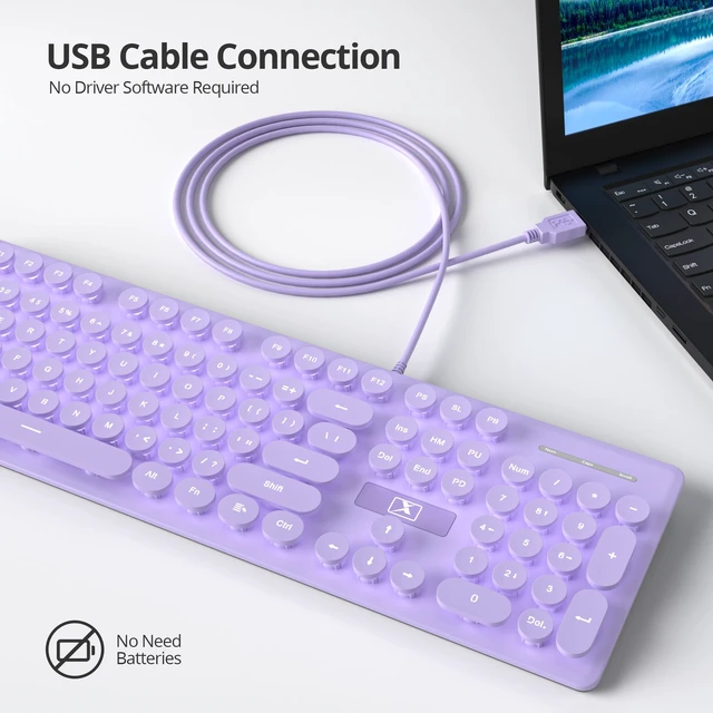 Alt view image 4 of 6 - Purple Quiet Keyboard Wired Retro Typewriter, Full Size Soft Keyboards with Number Pad, Round Keys, Backlit USB for Office, Desktop, Laptop(Purple)