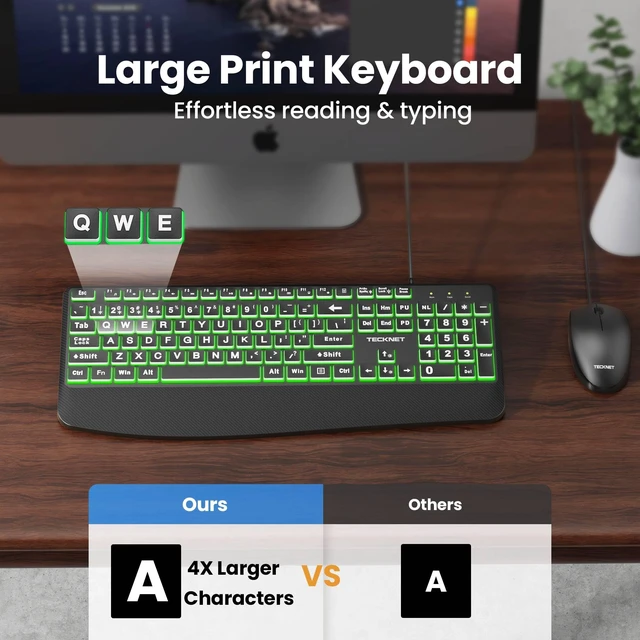Alt view image 2 of 7 - Wired Keyboard and Mouse Combo, 4X Large Print, 7-Color Backlit Silent Keyboard Kits, Ergonomic Design with Wrist Rest, Soft-Typing, USB Plug & Play for Computer/Mac/Laptop