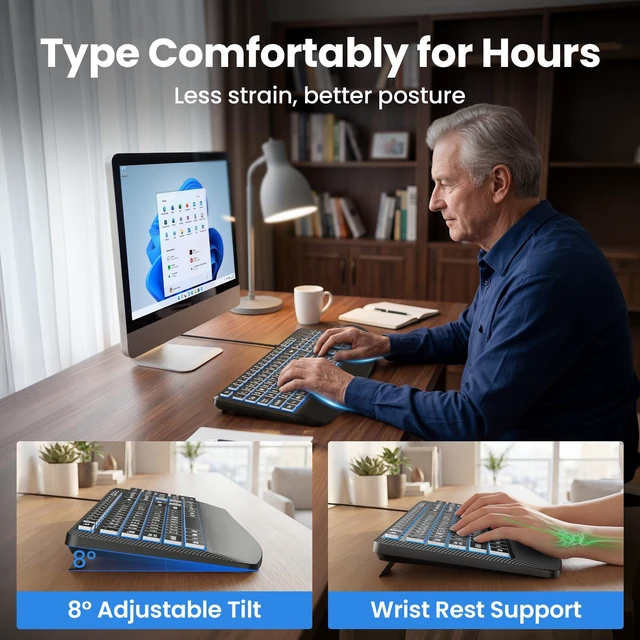 Alt view image 4 of 7 - Wired Keyboard and Mouse Combo, 4X Large Print, 7-Color Backlit Silent Keyboard Kits, Ergonomic Design with Wrist Rest, Soft-Typing, USB Plug & Play for Computer/Mac/Laptop