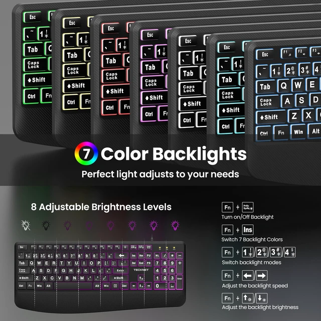 Alt view image 3 of 7 - Wired Keyboard and Mouse Combo, 4X Large Print, 7-Color Backlit Silent Keyboard Kits, Ergonomic Design with Wrist Rest, Soft-Typing, USB Plug & Play for Computer/Mac/Laptop