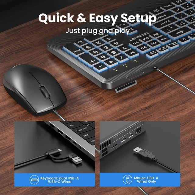 Alt view image 7 of 7 - Wired Keyboard and Mouse Combo, 4X Large Print, 7-Color Backlit Silent Keyboard Kits, Ergonomic Design with Wrist Rest, Soft-Typing, USB Plug & Play for Computer/Mac/Laptop