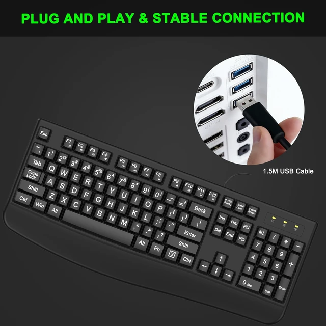 Alt view image 5 of 7 - Large Print Ergonomic Keyboard, Full Size Keyboard with Wrist Rest, Silent Wired USB Computer Keyboard Oversized Letter Keys 4X Larger Easy to See & Type for Laptop, PC, Windows, Desktop