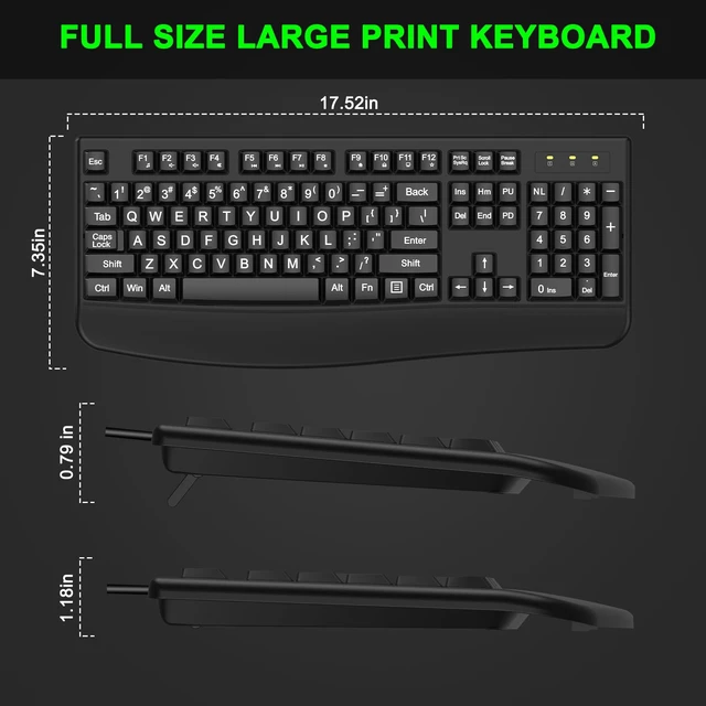 Alt view image 6 of 7 - Large Print Ergonomic Keyboard, Full Size Keyboard with Wrist Rest, Silent Wired USB Computer Keyboard Oversized Letter Keys 4X Larger Easy to See & Type for Laptop, PC, Windows, Desktop