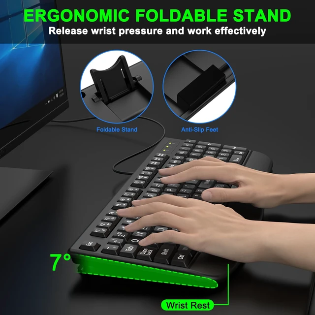 Alt view image 3 of 7 - Large Print Ergonomic Keyboard, Full Size Keyboard with Wrist Rest, Silent Wired USB Computer Keyboard Oversized Letter Keys 4X Larger Easy to See & Type for Laptop, PC, Windows, Desktop