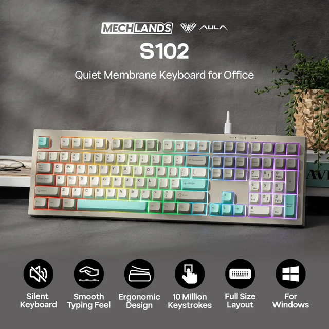 Alt view image 2 of 7 - Aula S102 Membrane Gaming Keyboard w/Number Pad, 100% Full Size | Silent Keyboard for Office/PC Game, USB-C Wired, RGB Backlit, Creamy Silicone Structure, Ergonomic Stands (Grey)