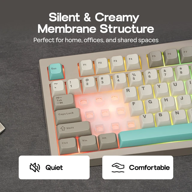 Alt view image 4 of 7 - Aula S102 Membrane Gaming Keyboard w/Number Pad, 100% Full Size | Silent Keyboard for Office/PC Game, USB-C Wired, RGB Backlit, Creamy Silicone Structure, Ergonomic Stands (Grey)