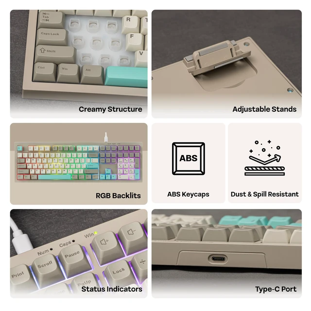 Alt view image 3 of 7 - Aula S102 Membrane Gaming Keyboard w/Number Pad, 100% Full Size | Silent Keyboard for Office/PC Game, USB-C Wired, RGB Backlit, Creamy Silicone Structure, Ergonomic Stands (Grey)
