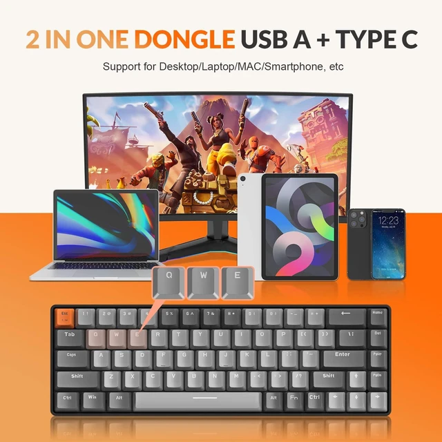 Alt view image 3 of 7 - RK68 Compact 68 Keys Wireless Mechanical Gaming Keyboard | Bluetooth 5.0/2.4GHz with Dual Mode,2-in-1 Receiver,Hot Swappable Keyboard,Linear Red Switch for PC/Mac/Win/Xbox/Smartphone