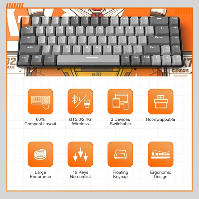 Alt view image 2 of 7 - RK68 Compact 68 Keys Wireless Mechanical Gaming Keyboard | Bluetooth 5.0/2.4GHz with Dual Mode,2-in-1 Receiver,Hot Swappable Keyboard,Linear Red Switch for PC/Mac/Win/Xbox/Smartphone
